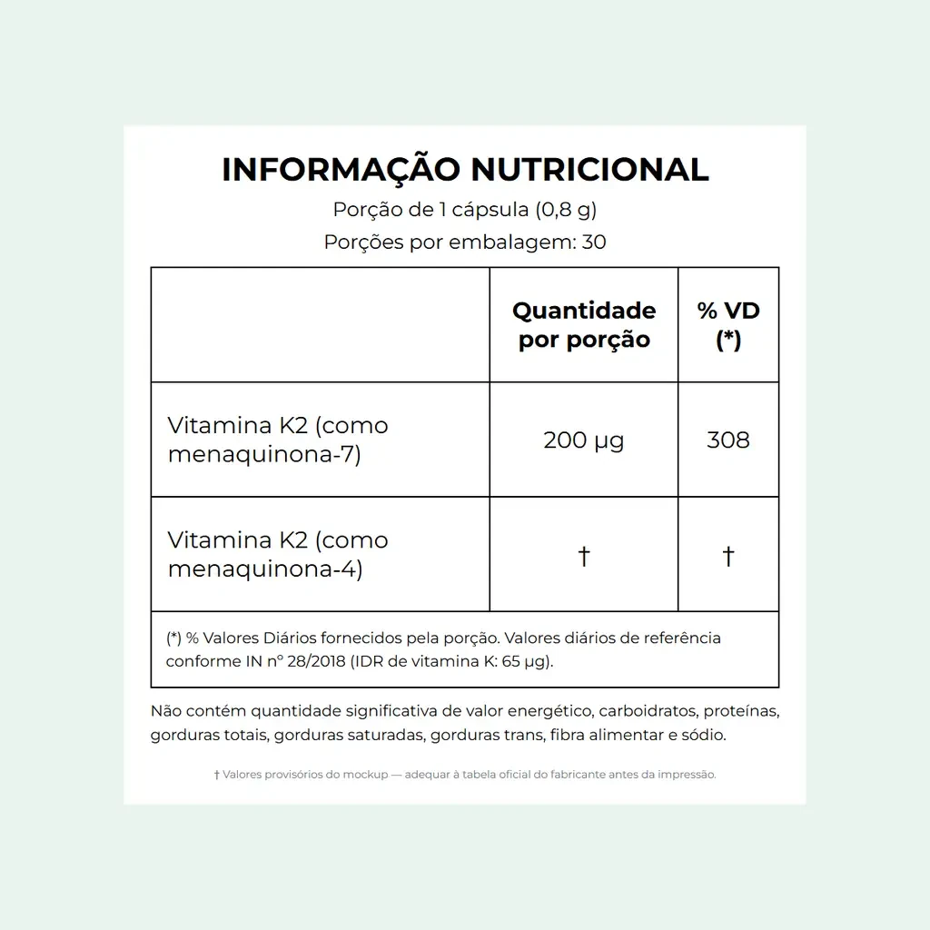 Informação nutricional: porção de 1 cápsula, vitamina K2 MK-4 + MK-7